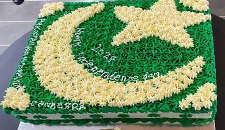 A cake with green and white frosting

Description automatically generated